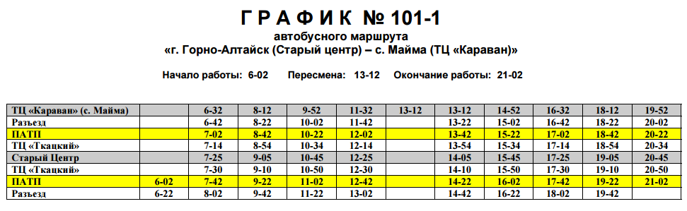 Расписание автобуса номер 101